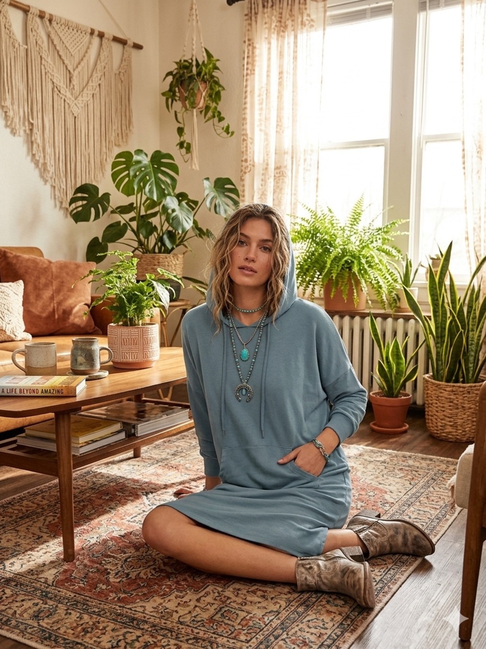 Synergy Organic Clothing Light Blue Midi Hoodie Dress